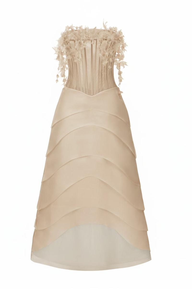 Beige Coralie tulle and organza maxi dress by 21Six, featuring flowing layers and elegant design.