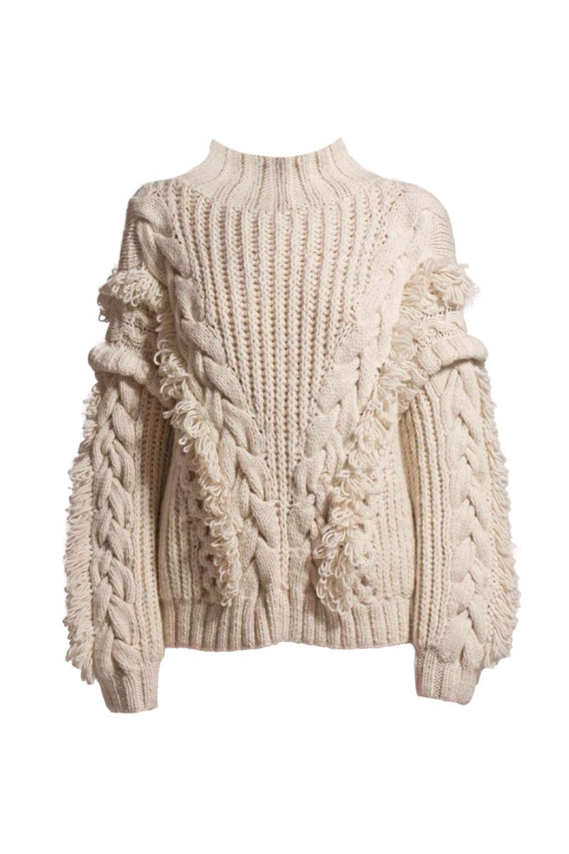 Off-white Anastasia cable turtleneck sweater by First Born Knits, featuring a cozy knit design and fitted style.