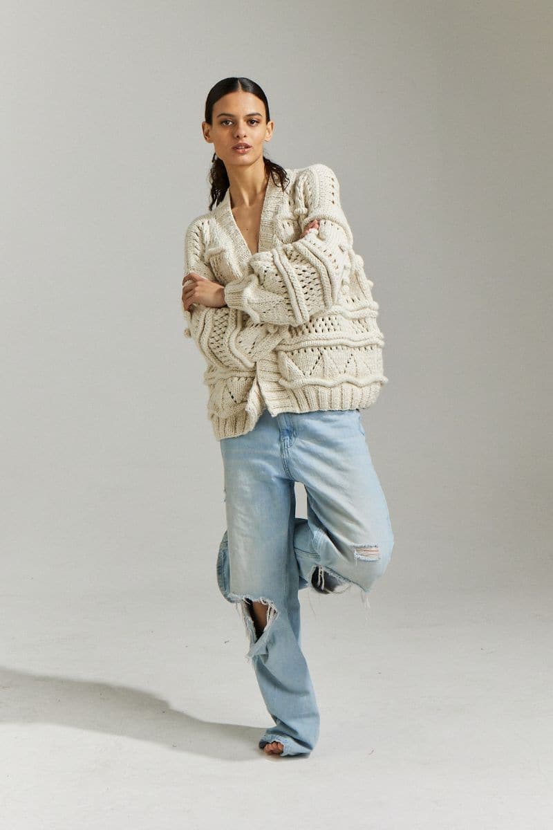 First Born Knits Brigitte Bomber Cardigan in off-white, XS-S, featuring a cozy, stylish knit design.