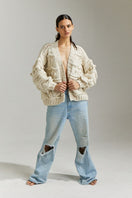 Off-white Brigitte Bomber Cardigan by First Born Knits, shown in size XS/S, featuring a stylish, cozy knit design.