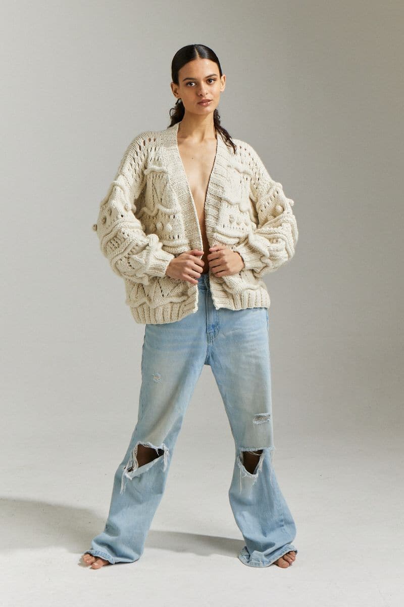 Off-white Brigitte Bomber Cardigan by First Born Knits, shown in size XS/S, featuring a stylish, cozy knit design.