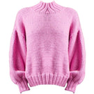 First Born Knits Candy Eve midi turtleneck sweater in candy pink, visible with long sleeves and ribbed collar, size XS/S.