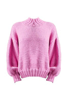 First Born Knits Candy Eve midi turtleneck sweater in candy pink, visible with long sleeves and ribbed collar, size XS/S.
