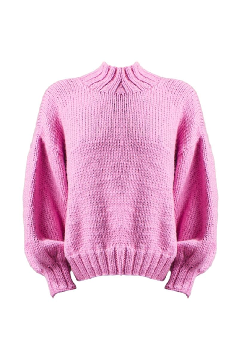 First Born Knits Candy Eve midi turtleneck sweater in candy pink, visible with long sleeves and ribbed collar, size XS/S.