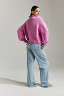 Candy pink First Born Knits Candy Eve midi turtleneck sweater, XS-S size, cozy knit with ribbed turtleneck and long sleeves.