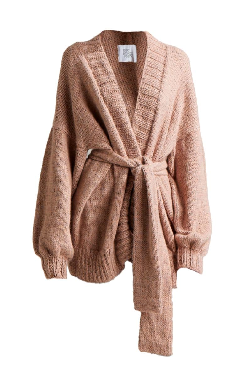First Born Knits Demoiselle oversized belted cardigan in blush, featuring a relaxed fit and waist belt, size XS/S.