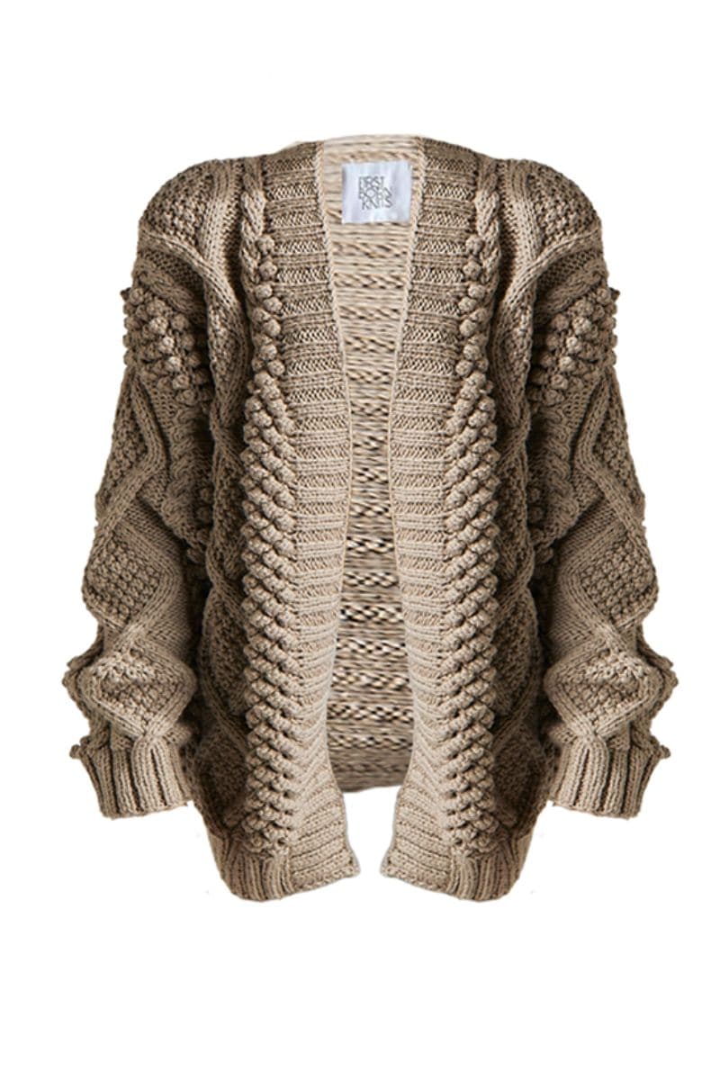 First Born Knits DIDI popcorn stitch oversized taupe cardigan with a cozy, chunky knit design and relaxed fit.