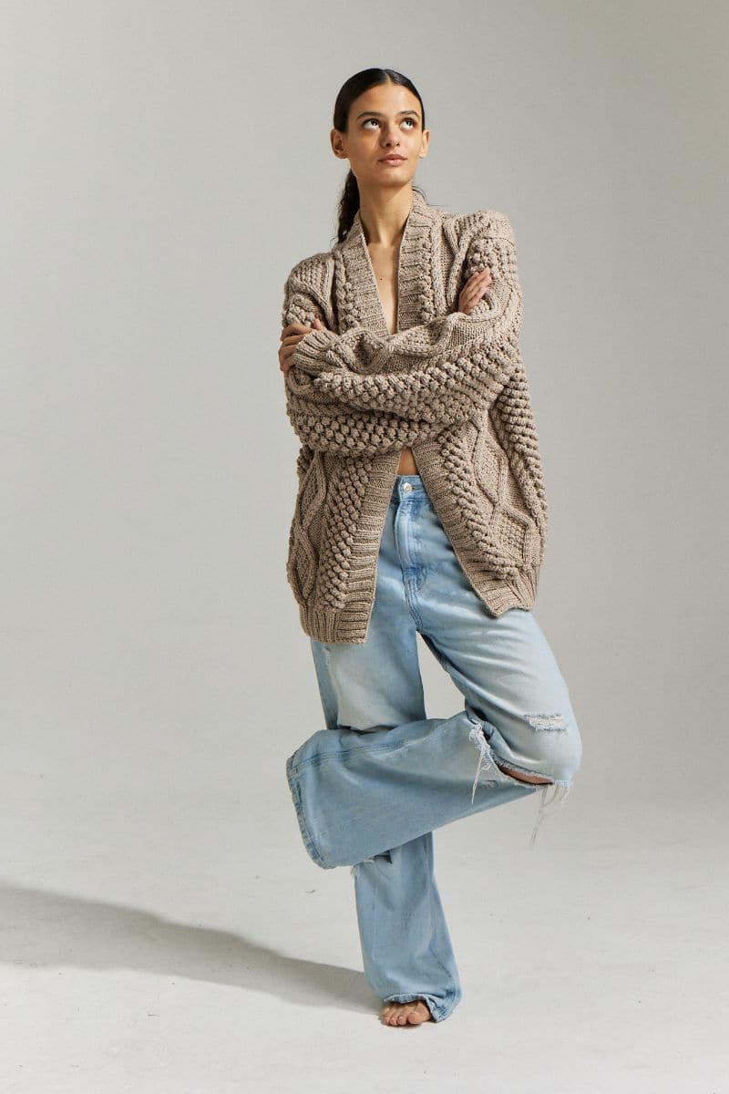 Taupe oversized DIDI POPCORN STITCH cardigan by First Born Knits, featuring a cozy, textured knit design, XS-S size.