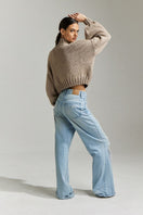 First Born Knits Evie cropped turtleneck sweater in taupe, showcasing a cozy, stylish knit design for women.
