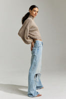 Taupe EVIE cropped turtleneck sweater by First Born Knits, featuring a snug fit and soft knit fabric.