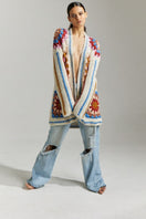 Multicolor hand-crochet Farrah cardigan by First Born Knits, lightweight and stylish for casual wear, shown in size XS/S.