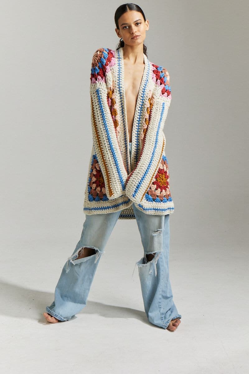 Multicolor hand-crochet Farrah cardigan by First Born Knits, lightweight and stylish for casual wear, shown in size XS/S.