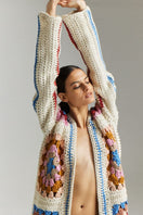 Multicolor Farrah hand-crochet cardigan by First Born Knits, XS-S size, featuring intricate crochet patterns and cozy design.