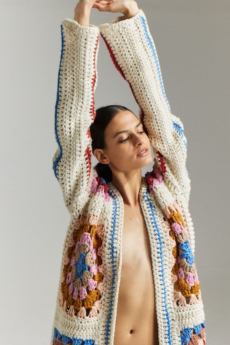Multicolor Farrah hand-crochet cardigan by First Born Knits, XS-S size, featuring intricate crochet patterns and cozy design.