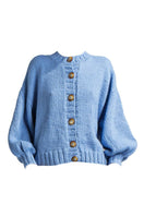Sky blue Frenchie Midi Cardigan by First Born Knits, featuring a soft knit fabric and a cozy, stylish fit.