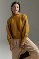 Mustard Eve midi turtleneck sweater by First Born Knits, featuring a cozy, fitted design in mustard color, available in XS and S sizes.