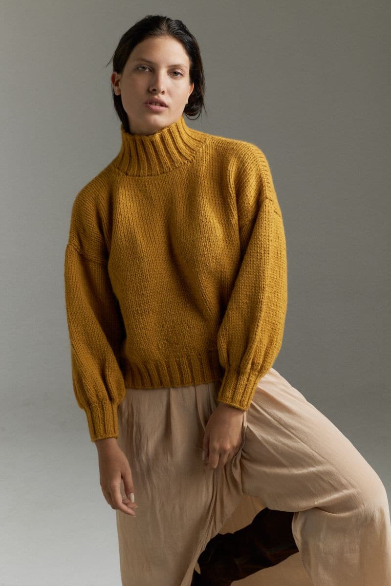 Mustard Eve midi turtleneck sweater by First Born Knits, featuring a cozy, fitted design in mustard color, available in XS and S sizes.
