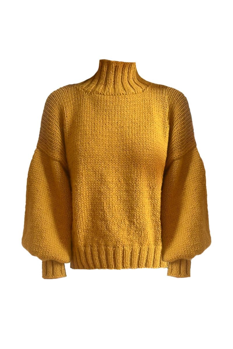Mustard Eve midi turtleneck sweater by First Born Knits, showing close-up of ribbed collar and soft knit fabric in mustard yellow.