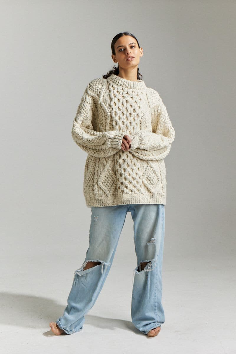 First Born Knits Off White Honey crew neck sweater, cozy knit sweater in off-white color, XS/S size, textured fabric.