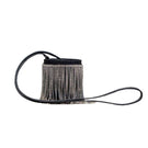 Black fringe mini Kyklos bag by Folklore The Label, top handle bag with tassel fringe and compact design.