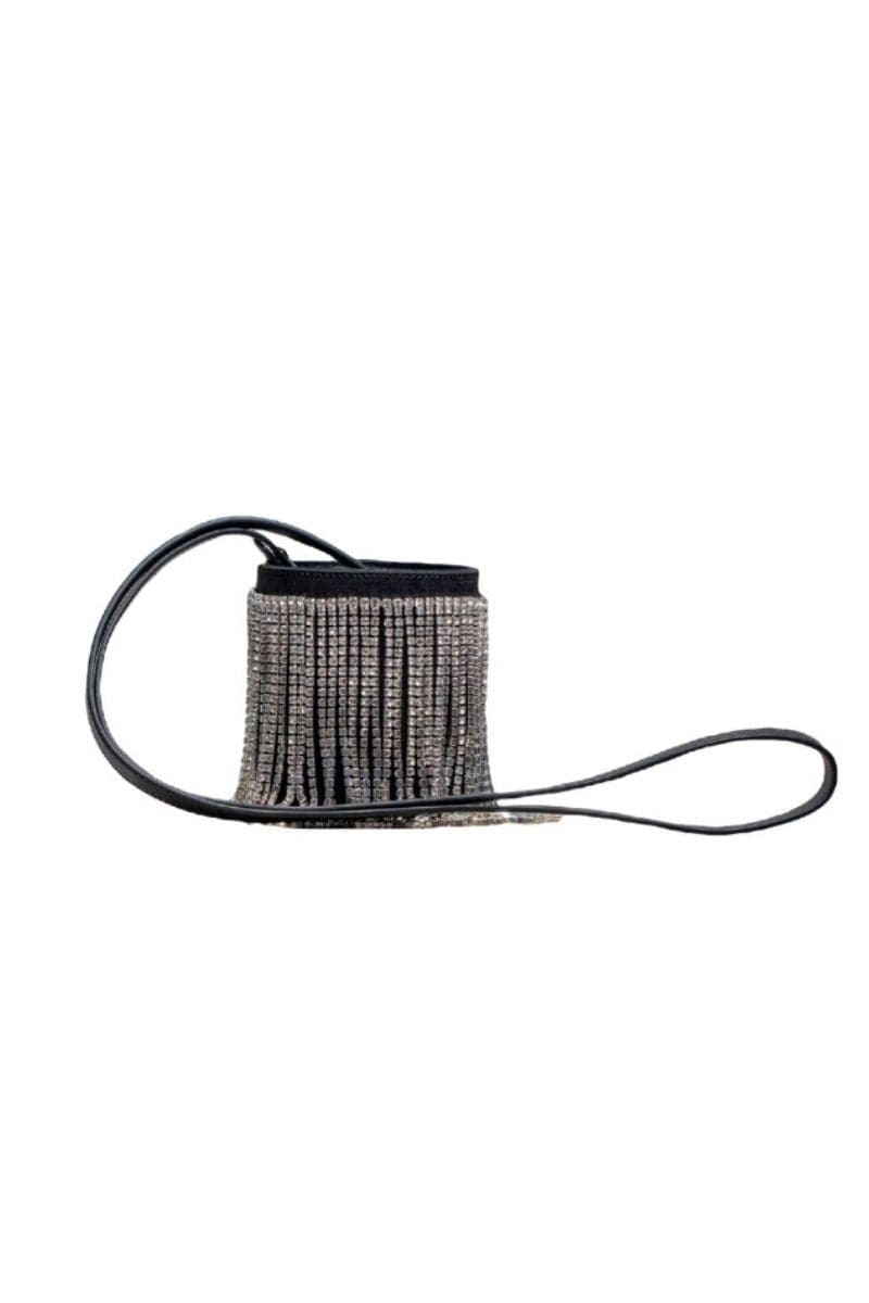 Black fringe mini Kyklos bag by Folklore The Label, top handle bag with tassel fringe and compact design.