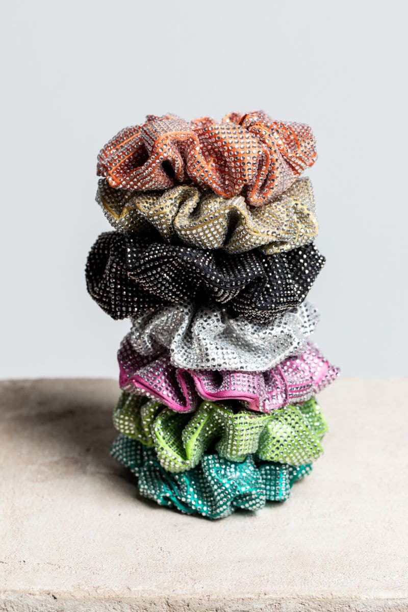 Black, white, and pink diamond-patterned scrunchie set by Folklore The Label, featuring soft fabric hair accessories in one size.