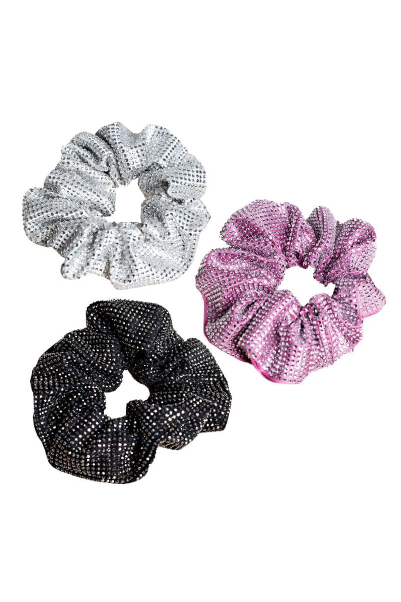 Black, white, and pink diamond hair scrunchie set from Folklore The Label, soft fabric with sparkling diamond design.