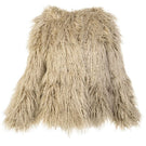 Beige Faux Fur Jacket by Fortini, lightweight and cozy, shown on a hanger with a textured fur exterior.