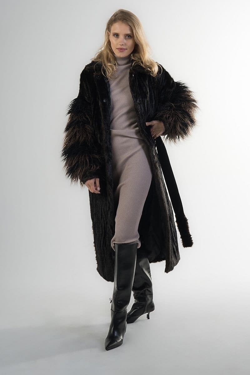 LONG BROWN FAUX FUR COAT WITH FLUFFY SLEEVES | Fortini | CULT MIA