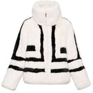 White sporty faux fur jacket by Fortini, featuring a stylish design with black accents, shown on a model in size XS.