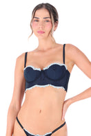 Ellipse Lingerie Aura Bustier in navy, showcasing a fitted lace bra with delicate detailing and structured cups.