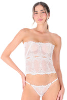 White Aura corset top by Ellipse Lingerie, featuring lace details and structured design, displayed on a mannequin.