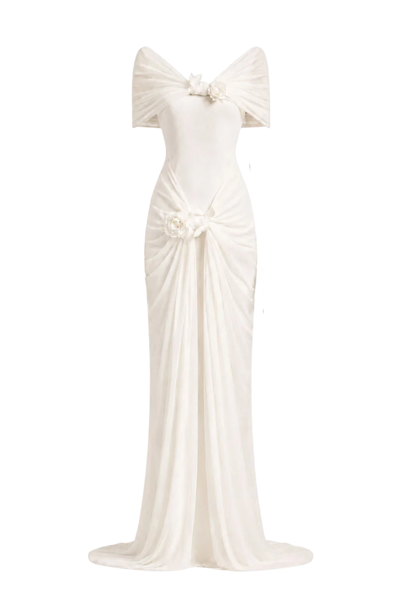 White Plan Francesca Dress gown featuring elegant fabric and a flowing silhouette perfect for formal occasions.