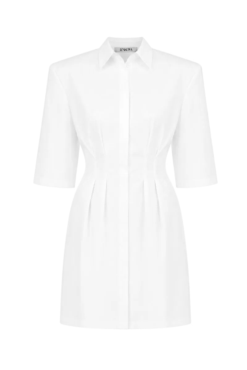 Izakova Franka shirt dress in off-white, mini length with button-front design and collar, displayed on a hanger.