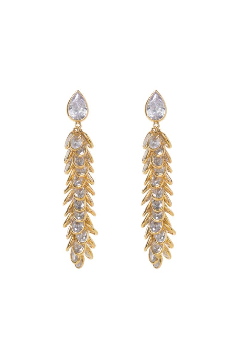Gold crystal drop earrings by Freya Rose featuring elegant, sparkling crystal pendants hanging from gold hooks.