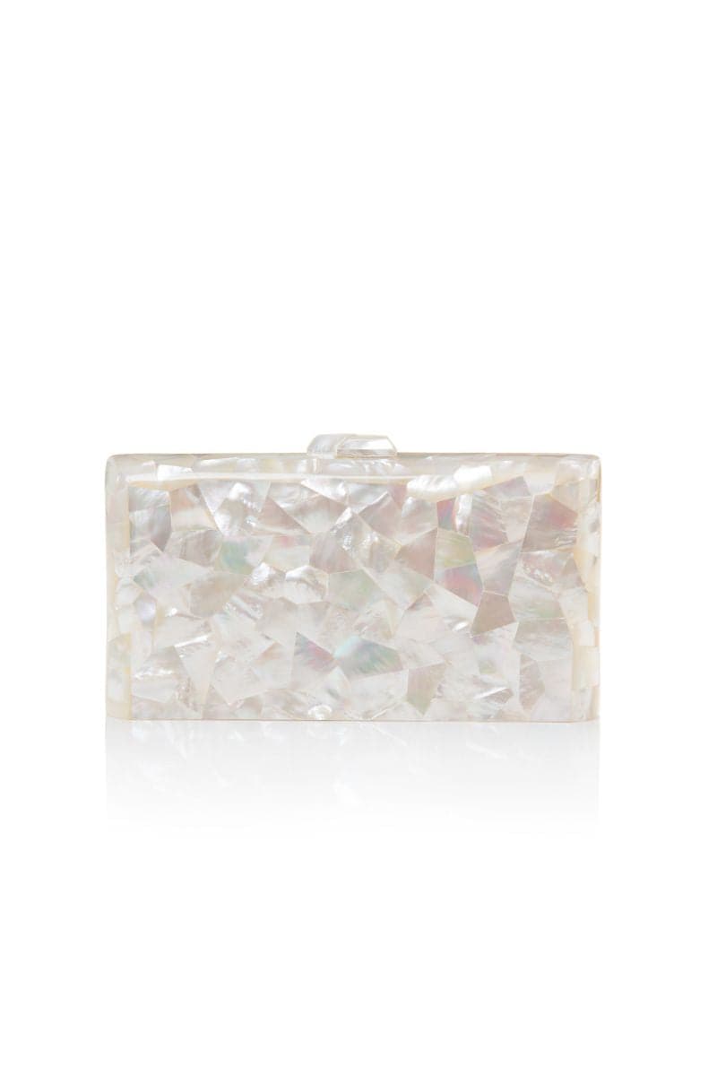 Ivory Aphrodite Mother of Pearl clutch by Freya Rose, elegant evening bag with shimmering pearl details and sleek design.