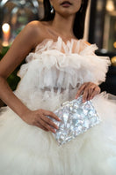 Ivory Athena Mother of Pearl Clutch by Freya Rose, elegant evening bag with shimmering pearl finish and structured design.