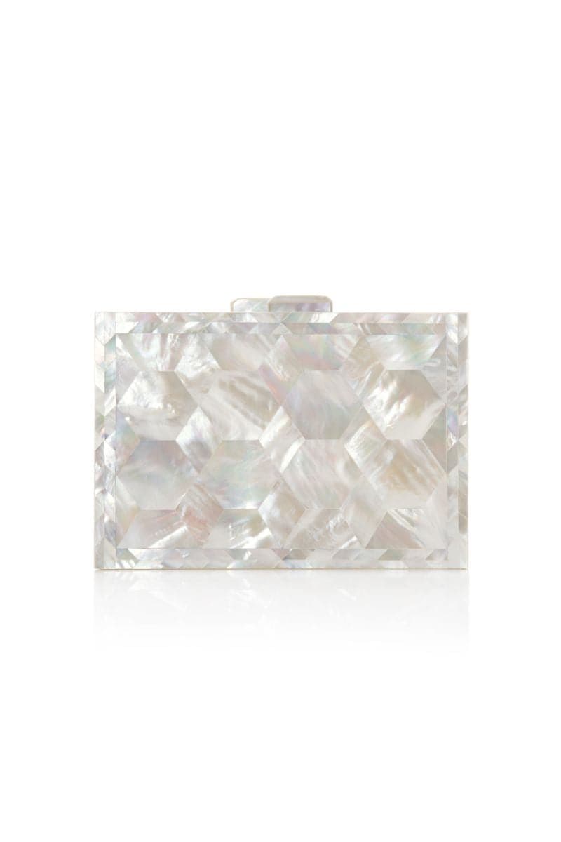 Ivory Athena Mother of Pearl Clutch by Freya Rose, elegant evening bag with lustrous pearl accents and sleek design.