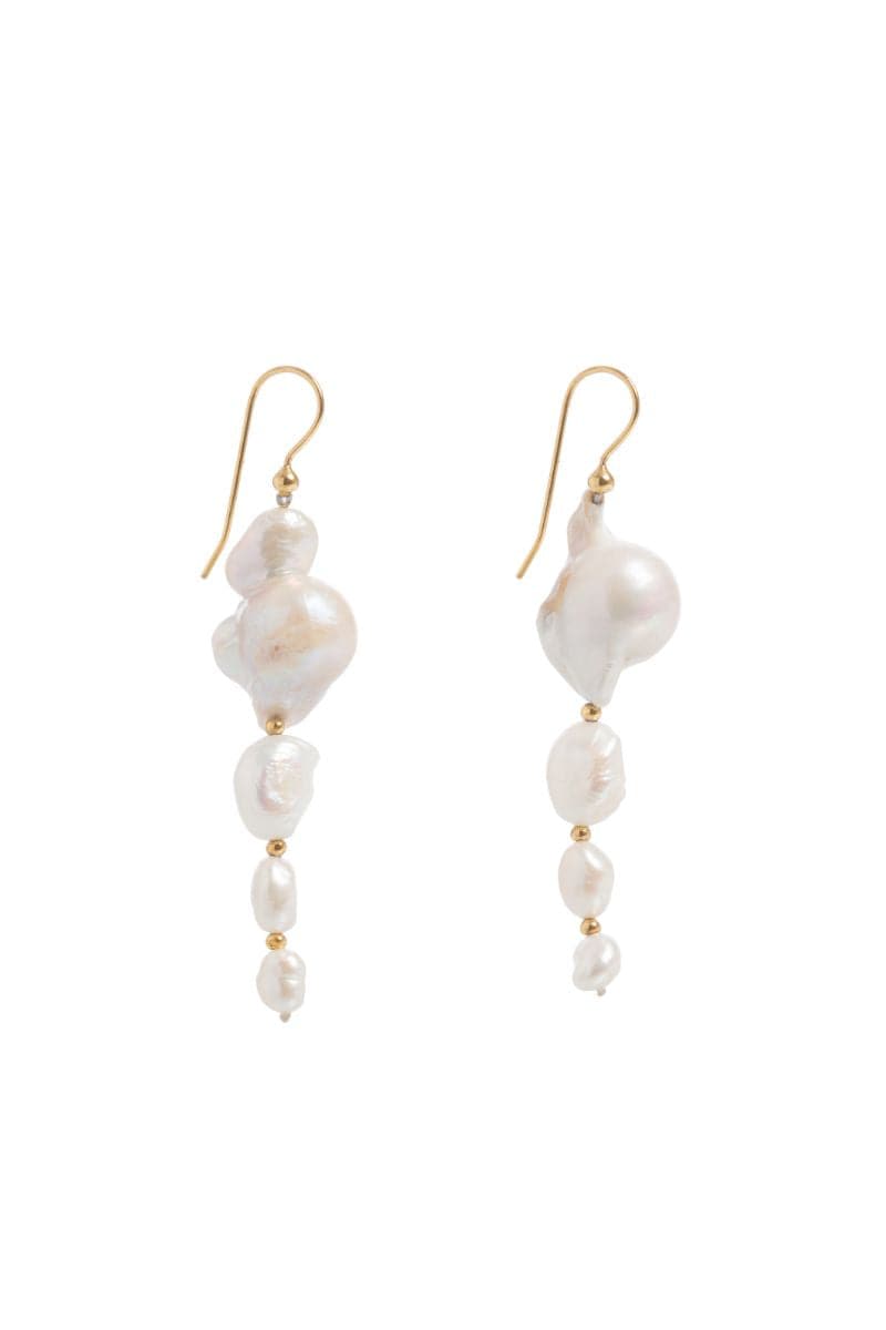 Gold large baroque drop pearl earrings by Freya Rose with ornate, irregular pearl drops and elegant design.