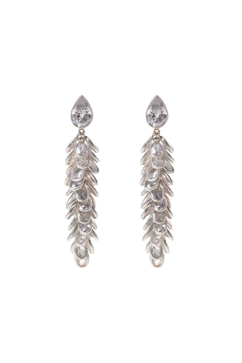 Silver crystal long drop earrings by Freya Rose featuring elegant sparkling crystal details and a sleek silver finish.