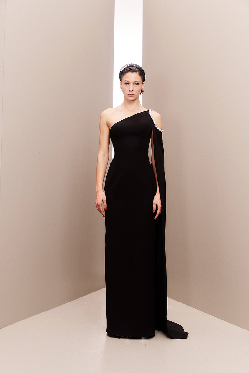 ASYMMETRIC STONE-EMBELLISHED BLACK GOWN - CULT MIA