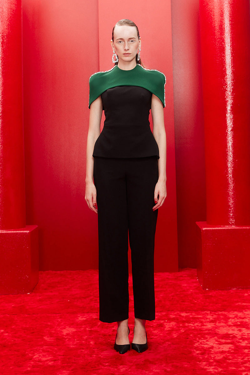 TOP AND PANTS SET WITH DETACHABLE EMERALD CAPE IN MIDNIGHT BLACK - CULT MIA