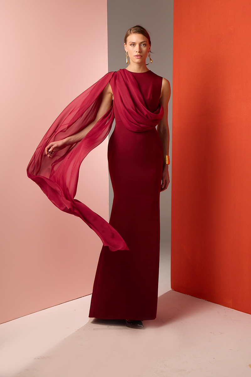 burgundy one sleeve dress Beaded-Cuff One-Sleeve Long Formal Dress Wine / Small