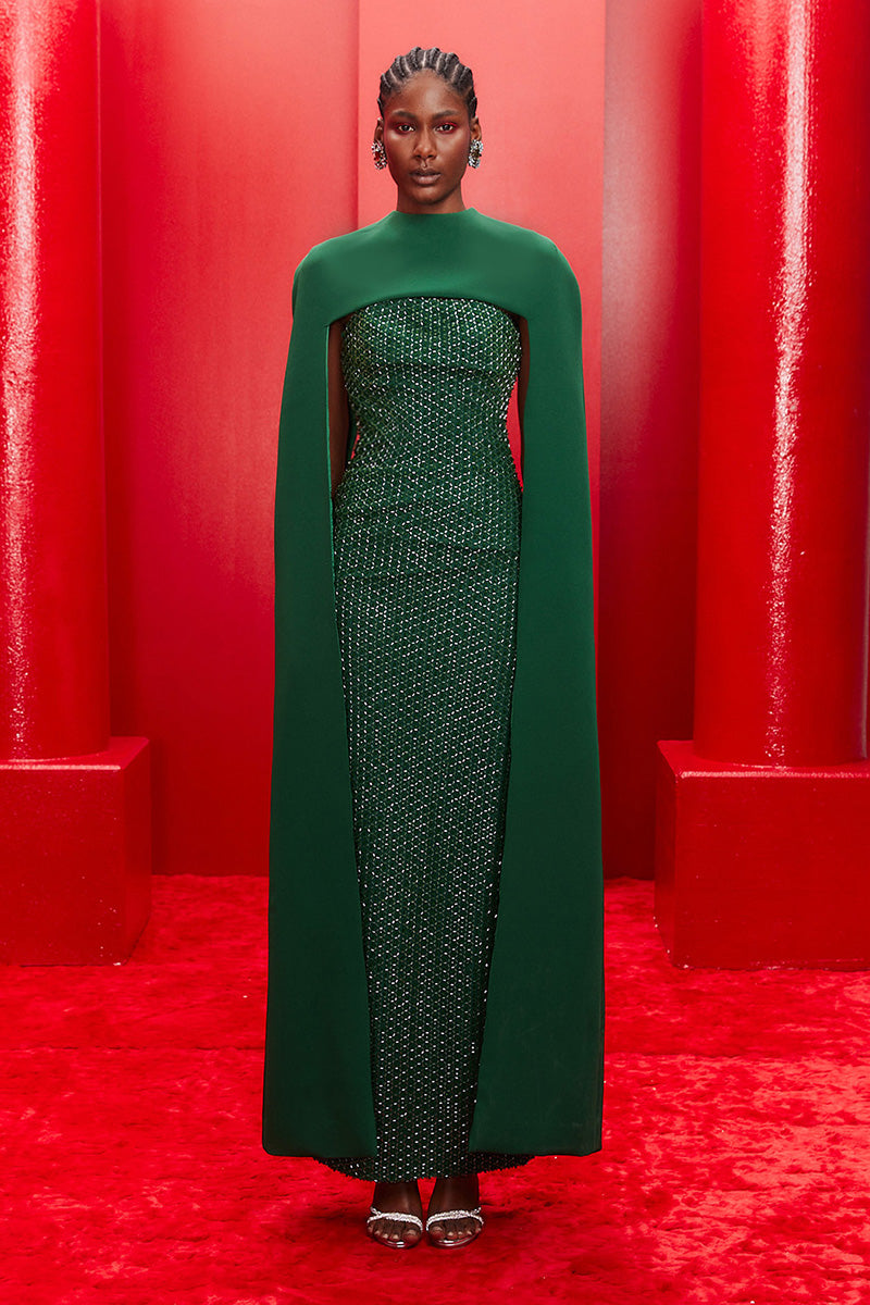 EMBROIDERED STRAPLESS GOWN WITH REMOVABLE CAPE IN EMERALD GREEN | CULT MIA | Joanna Andraos EMBROIDERED STRAPLESS GOWN WITH REMOVABLE CAPE IN EMERALD GREEN | CULT MIA | Joanna Andraos