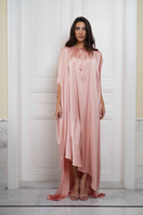 Front view of Joanna Andraos Cult Mia X Joanna Andraos soft nude silk gown, showcasing its elegant design and smooth fabric.