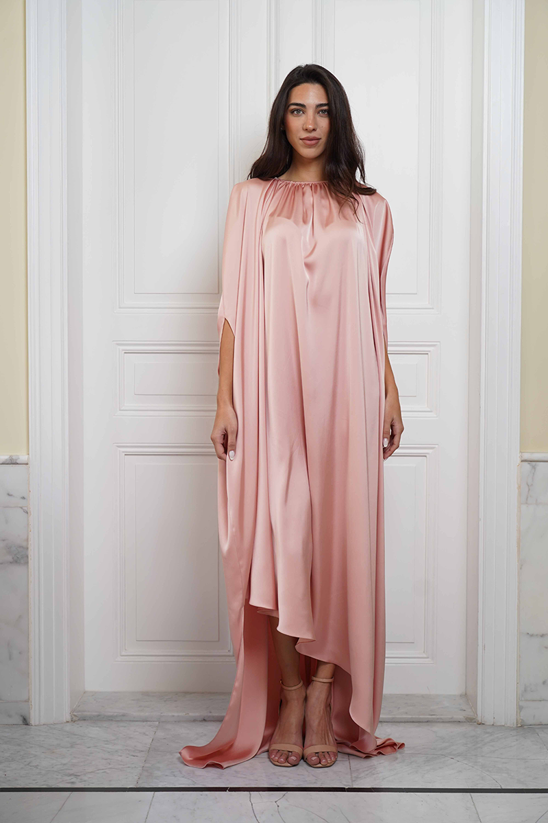 Front view of Joanna Andraos Cult Mia X Joanna Andraos soft nude silk gown, showcasing its elegant design and smooth fabric.