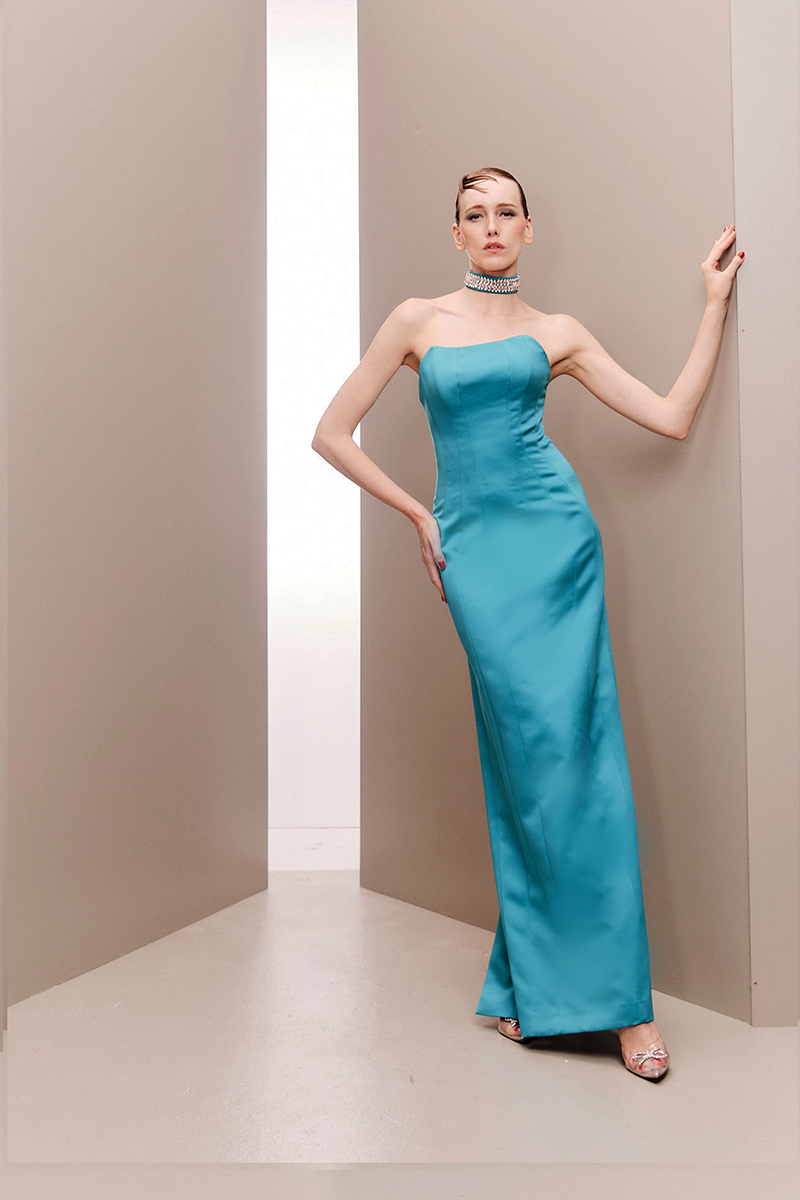 CORSET GOWN WITH BEDAZZLED CHOKER ACCENT - CULT MIA