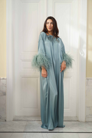 Joanna Andraos CULT MIA X Joanna Andraos silk gown with feather sleeves and tie-neck, front view showcasing elegant design.