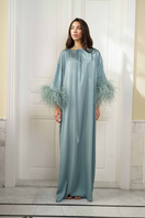 Joanna Andraos silk gown with tie-neck and feather sleeves, elegant front view showcasing luxurious fabric and stylish design.