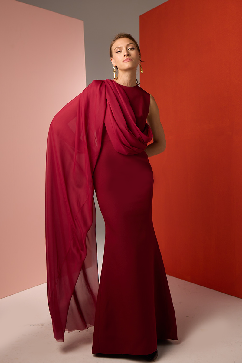 burgundy dress with cape BURGUNDY ONE-SHOULDER CAPE DRESS | CULT MIA